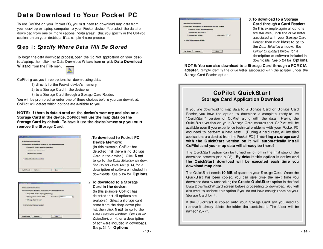 TravRoute Pocket PC 5 manual Data Download to Your Pocket PC, CoPilot QuickStart, Specify Where Data Will Be Stored 