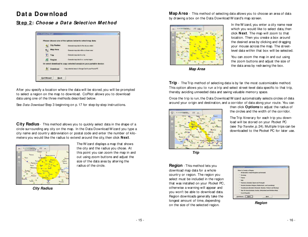 TravRoute Pocket PC 5 manual Data Download, Choose a Data Selection Method 