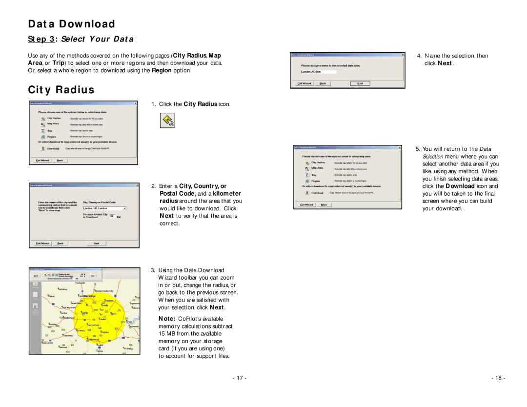 TravRoute Pocket PC 5 manual Select Your Data, Click the City Radius icon, Name the selection, then click Next 