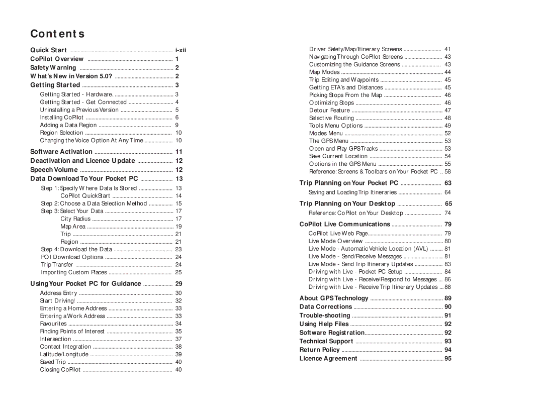 TravRoute Pocket PC 5 manual Contents 