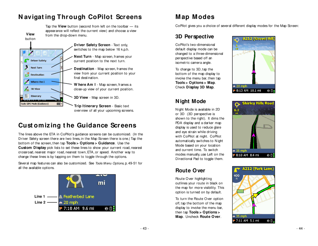 TravRoute Pocket PC 5 manual Navigating Through CoPilot Screens, Customizing the Guidance Screens, Map Modes 