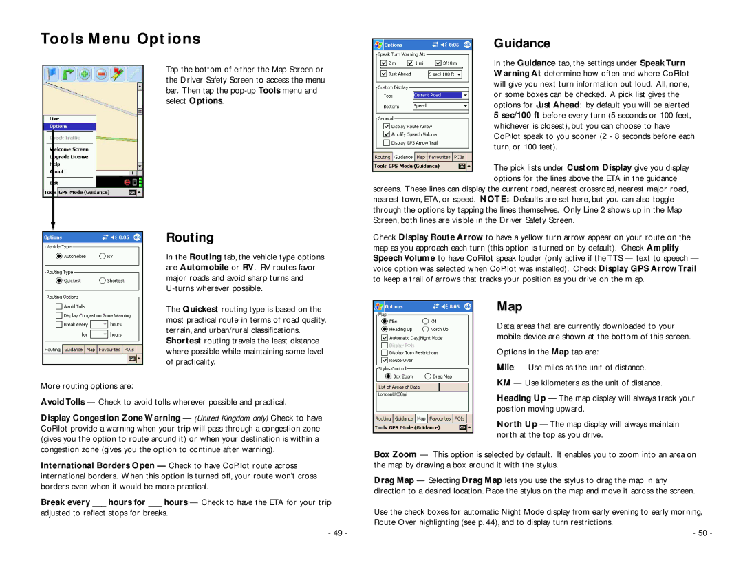 TravRoute Pocket PC 5 manual Tools Menu Options, Routing, Guidance, Map 