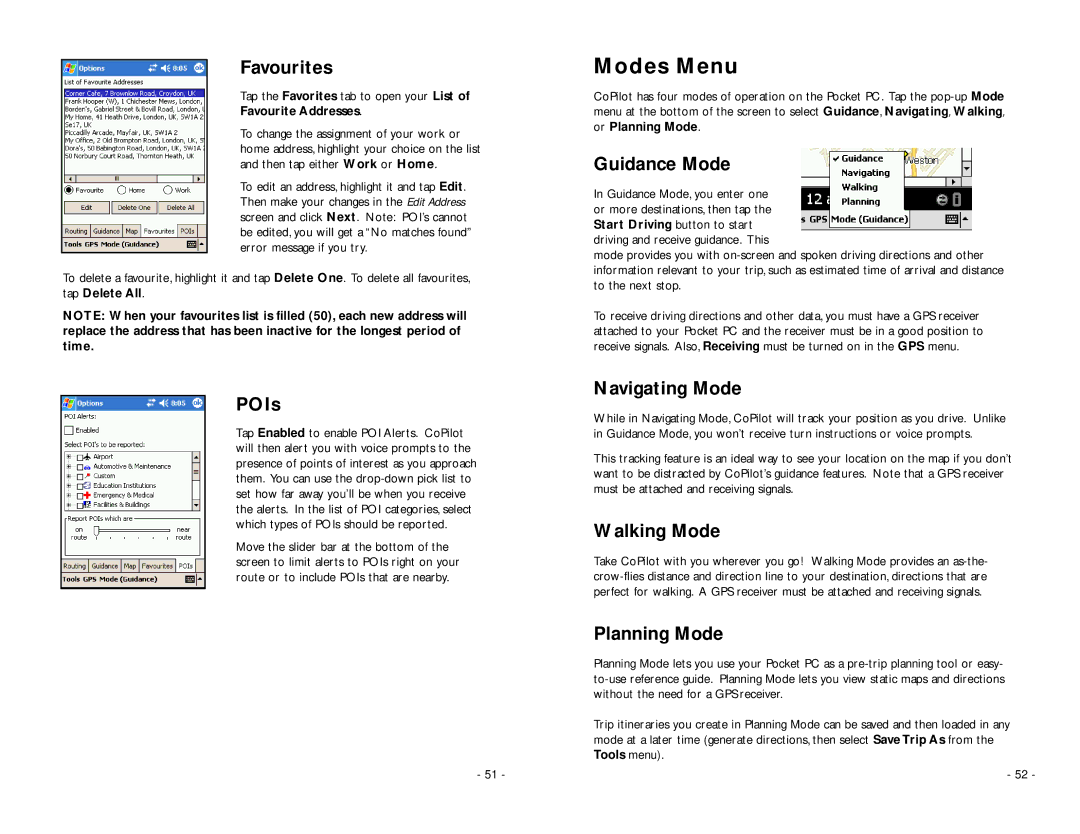 TravRoute Pocket PC 5 manual Modes Menu 