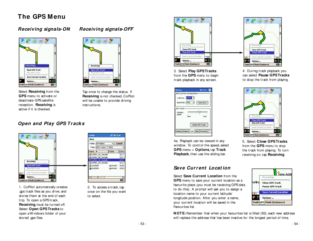 TravRoute Pocket PC 5 manual GPS Menu, Receiving signals-ON Receiving signals-OFF, Open and Play GPS Tracks 