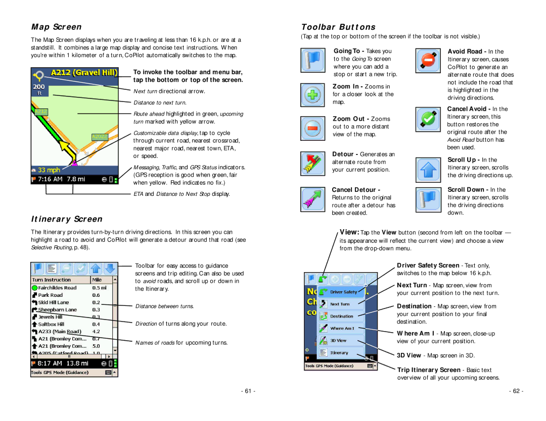 TravRoute Pocket PC 5 manual Map Screen, Toolbar Buttons, Itinerary Screen, Next turn directional arrow 