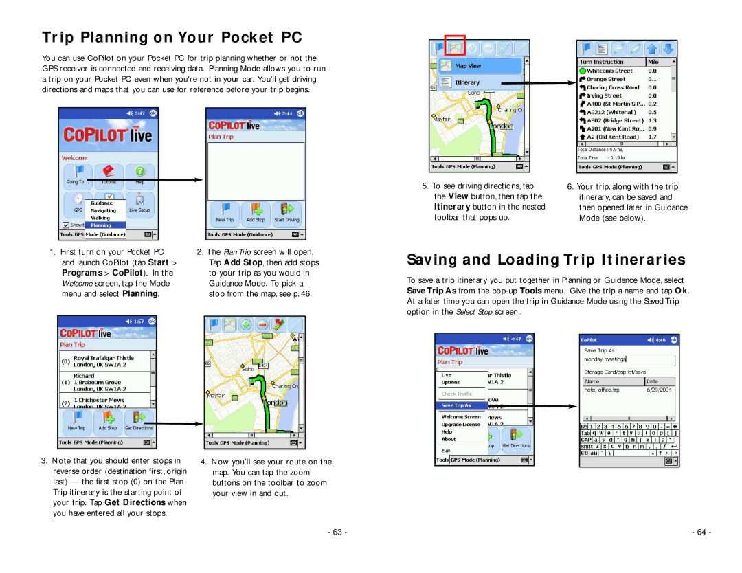 TravRoute Pocket PC 5 manual Trip Planning on Your Pocket PC, Saving and Loading Trip Itineraries, Programs CoPilot 