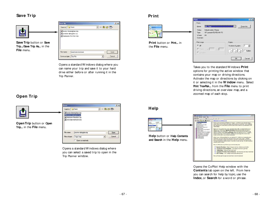 TravRoute Pocket PC 5 manual Save Trip, Open Trip, Print, Help 