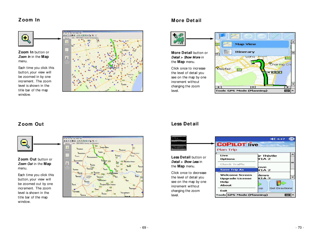 TravRoute Pocket PC 5 manual Zoom Out, More Detail, Less Detail 