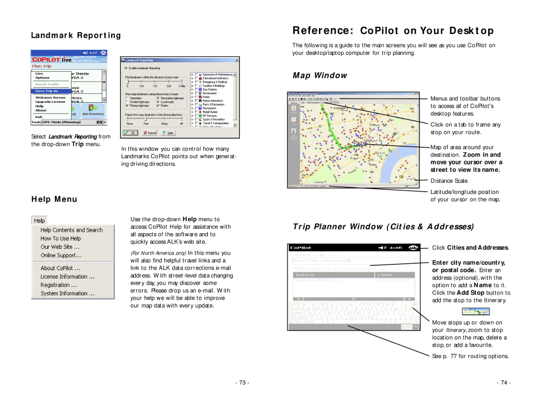 TravRoute Pocket PC 5 manual Landmark Reporting, Help Menu, Map Window, Trip Planner Window Cities & Addresses 