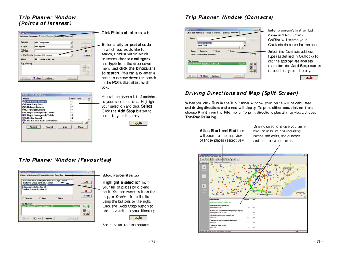 TravRoute Pocket PC 5 Trip Planner Window Points of Interest, Trip Planner Window Favourites, Trip Planner Window Contacts 