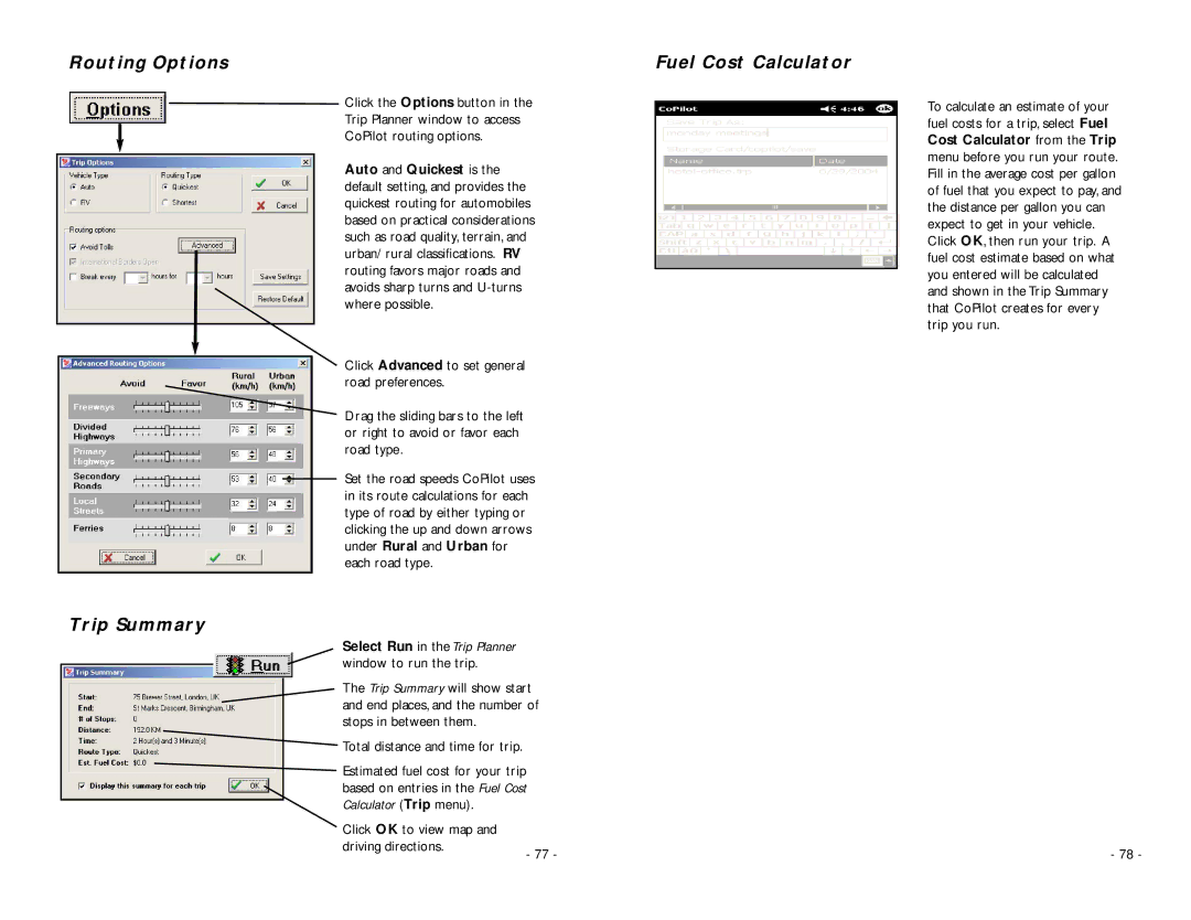 TravRoute Pocket PC 5 manual Routing Options, Trip Summary, Fuel Cost Calculator 