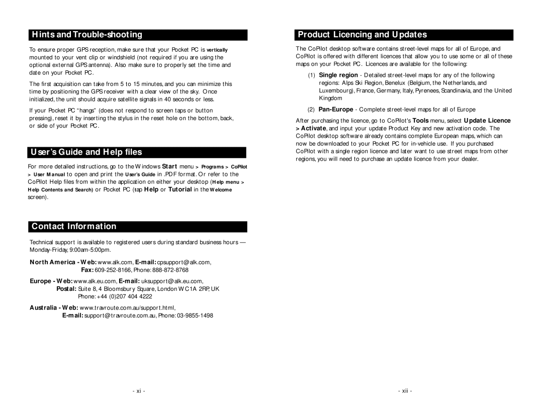 TravRoute Pocket PC 5 manual Hints and Trouble-shooting, Xii 