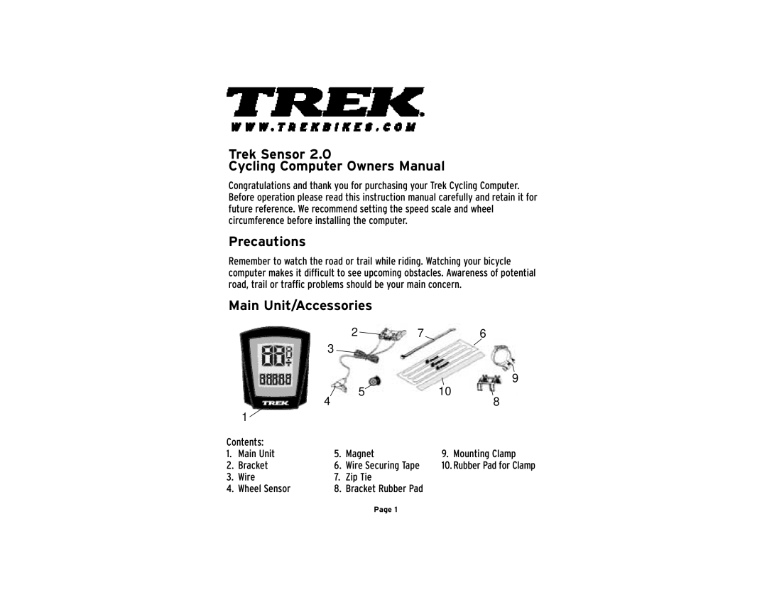 Trek 2.0 owner manual Trek Sensor Precautions, Main Unit/Accessories, Contents Main Unit Magnet Mounting Clamp Bracket 