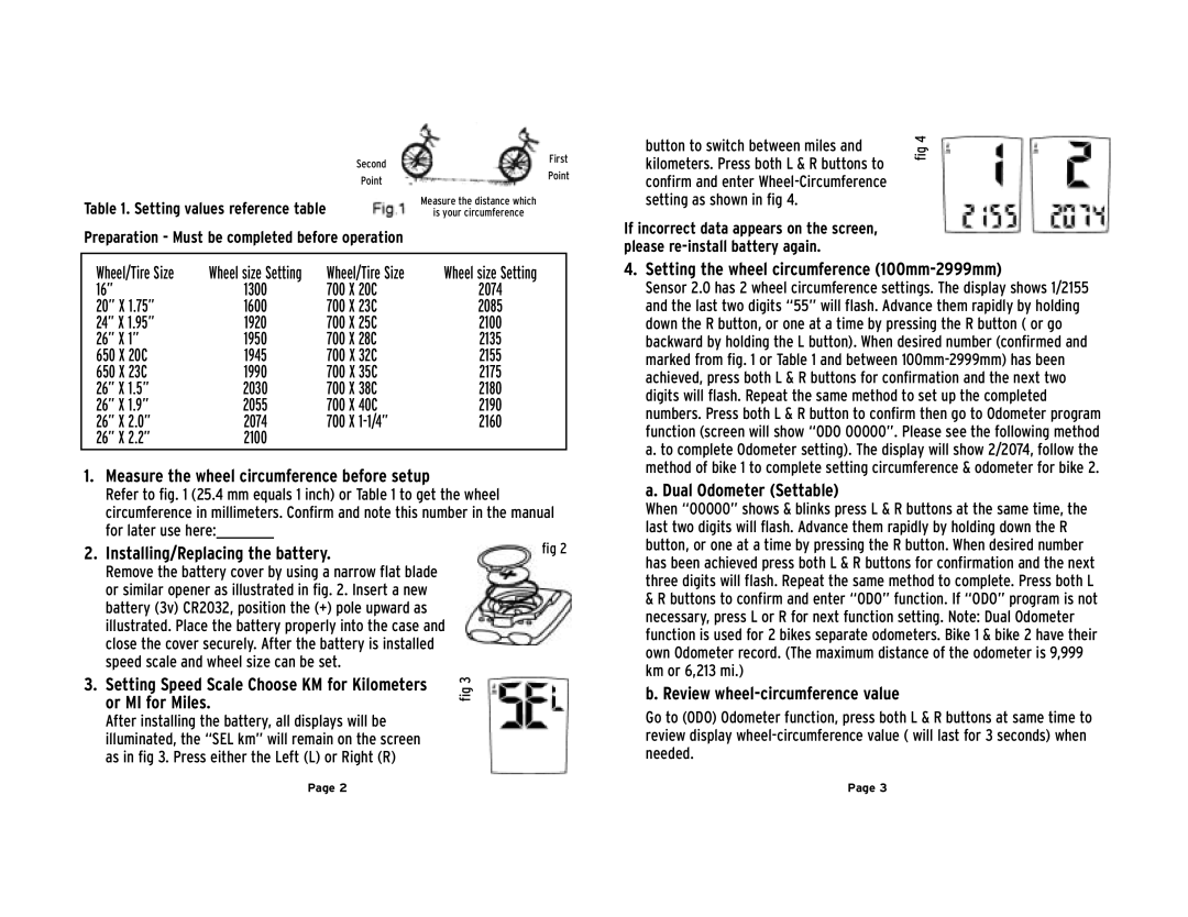 Trek 2.0 owner manual Measure the wheel circumference before setup, Installing/Replacing the battery, Or MI for Miles 