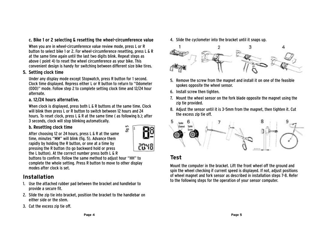 Trek 2.0 owner manual Installation, Test, Setting clock time, 12/24 hours alternative, Resetting clock time 