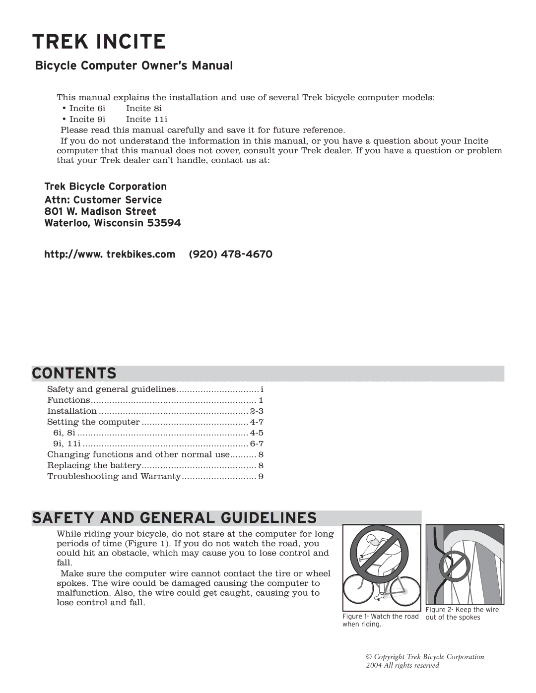 Trek 6i, 8i, 9i, 11i owner manual Contents, Safety and General Guidelines 