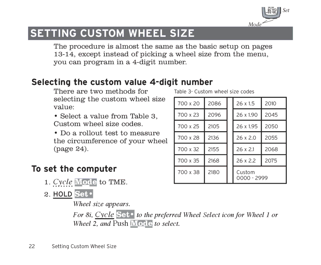 Trek 6i, 8i owner manual Setting custom wheel size, Selecting the custom value 4-digit number 