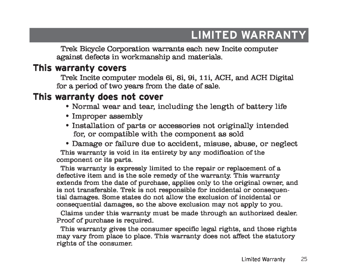 Trek 8i, 6i owner manual Limited Warranty, This warranty covers, This warranty does not cover 