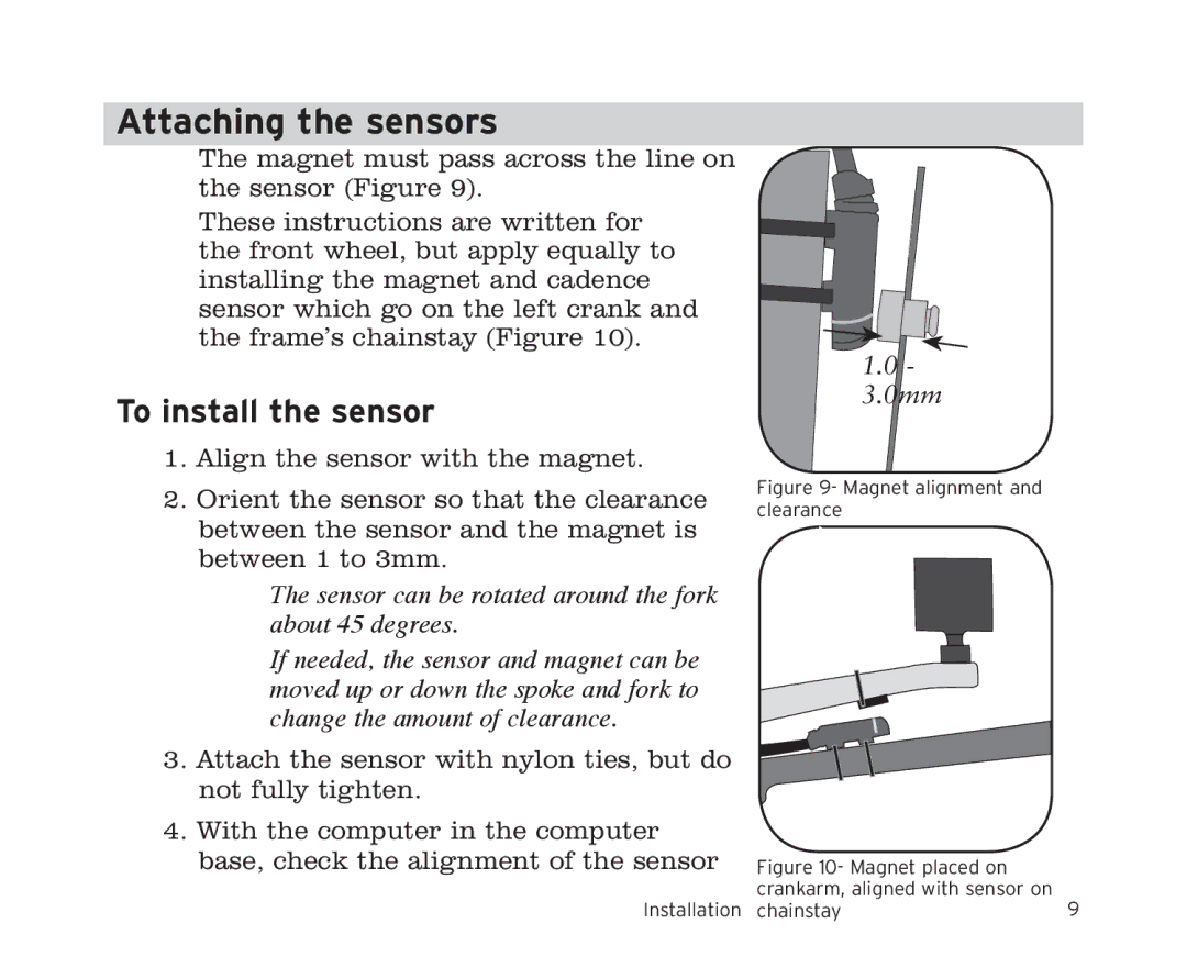 Trek 11i, 9i owner manual To install the sensor, Sensor can be rotated around the fork about 45 degrees, 0mm 