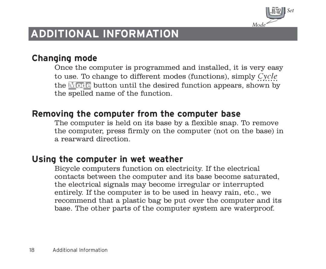 Trek 9i, 11i owner manual Additional information, Changing mode, Removing the computer from the computer base 