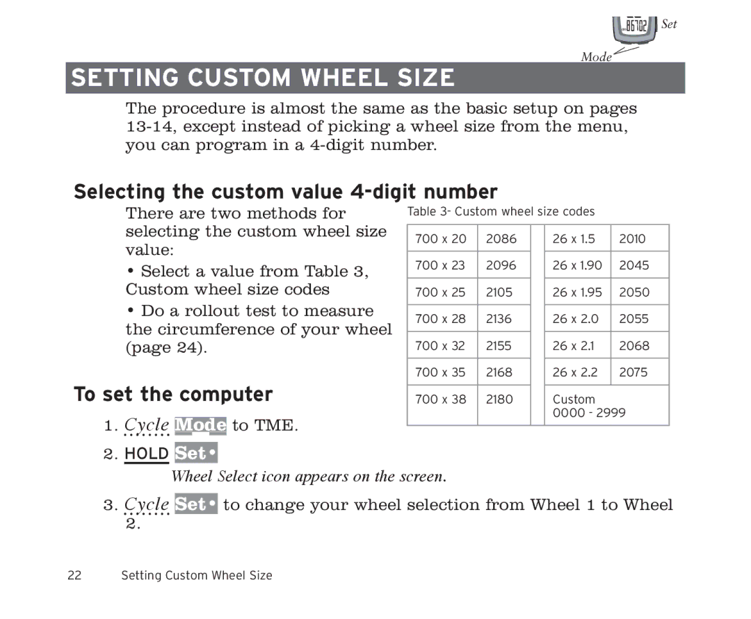 Trek 9i, 11i owner manual Setting custom wheel size, Selecting the custom value 4-digit number, To set the computer 