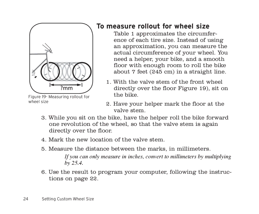 Trek 9i, 11i owner manual To measure rollout for wheel size, Measuring rollout for wheel size 