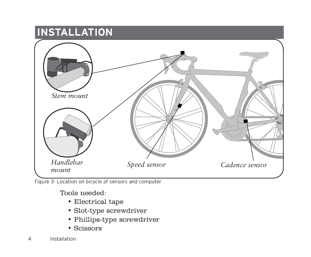 Trek 9i, 11i owner manual Installation, Stem mount Handlebar Speed sensor, Mount 