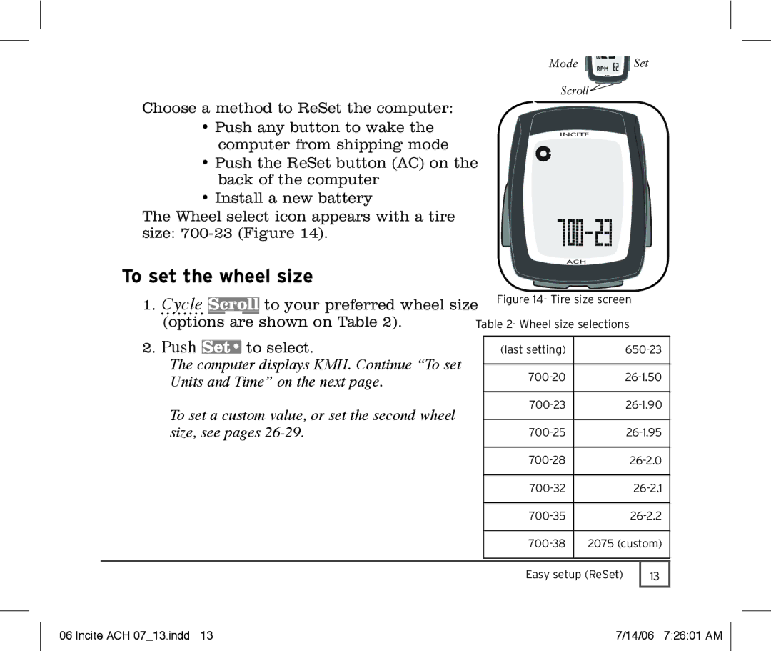 Trek Bicycle Computer manual To set the wheel size, Size, see pages 