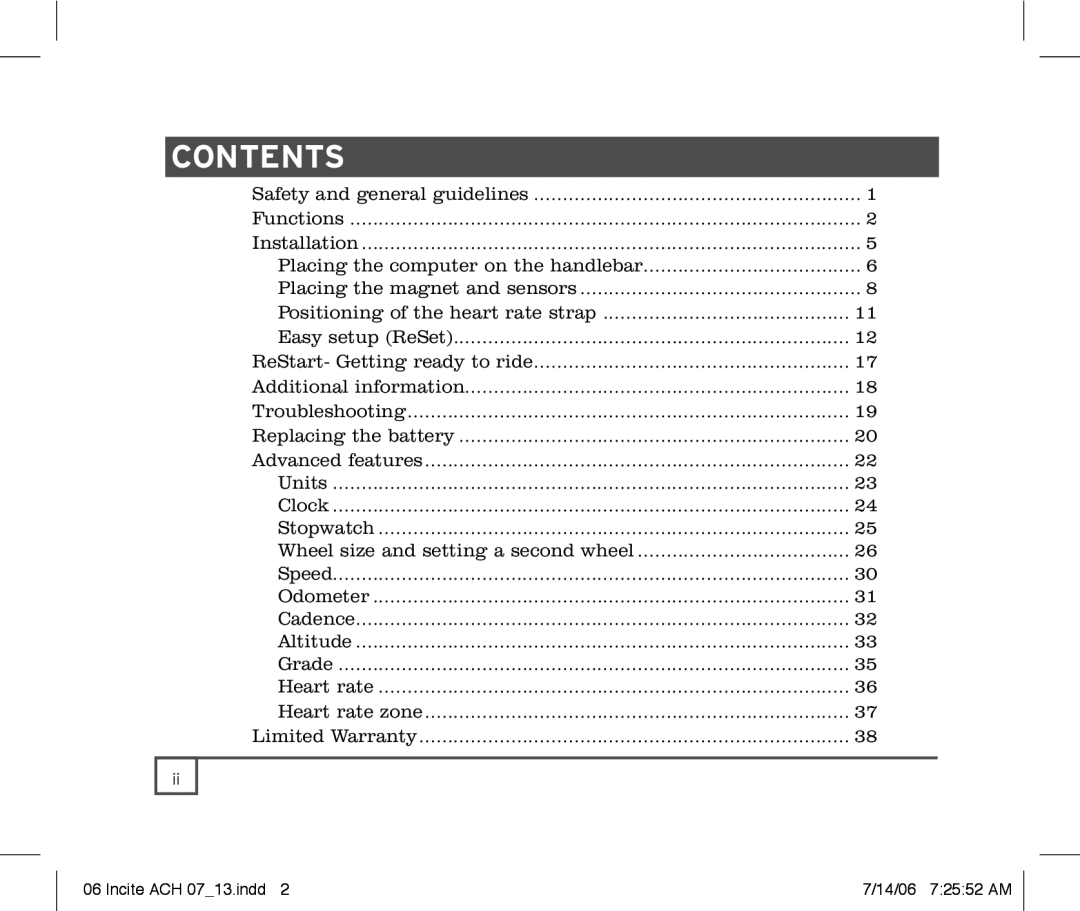 Trek Bicycle Computer manual Contents 