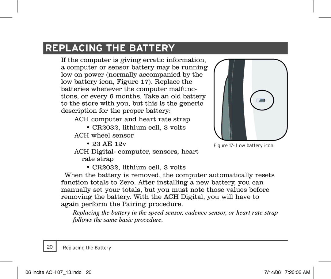 Trek Bicycle Computer manual Replacing the battery, Low battery icon 