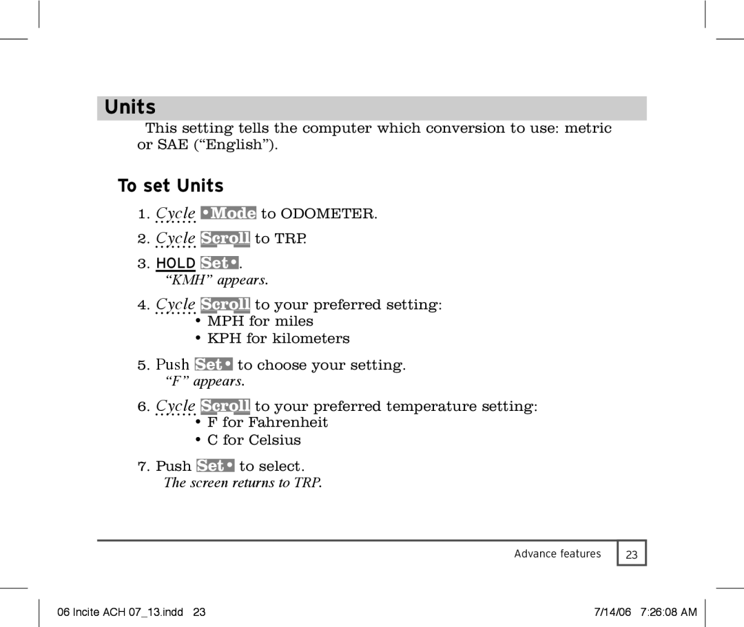 Trek Bicycle Computer manual To set Units, KMH appears, Screen returns to TRP 