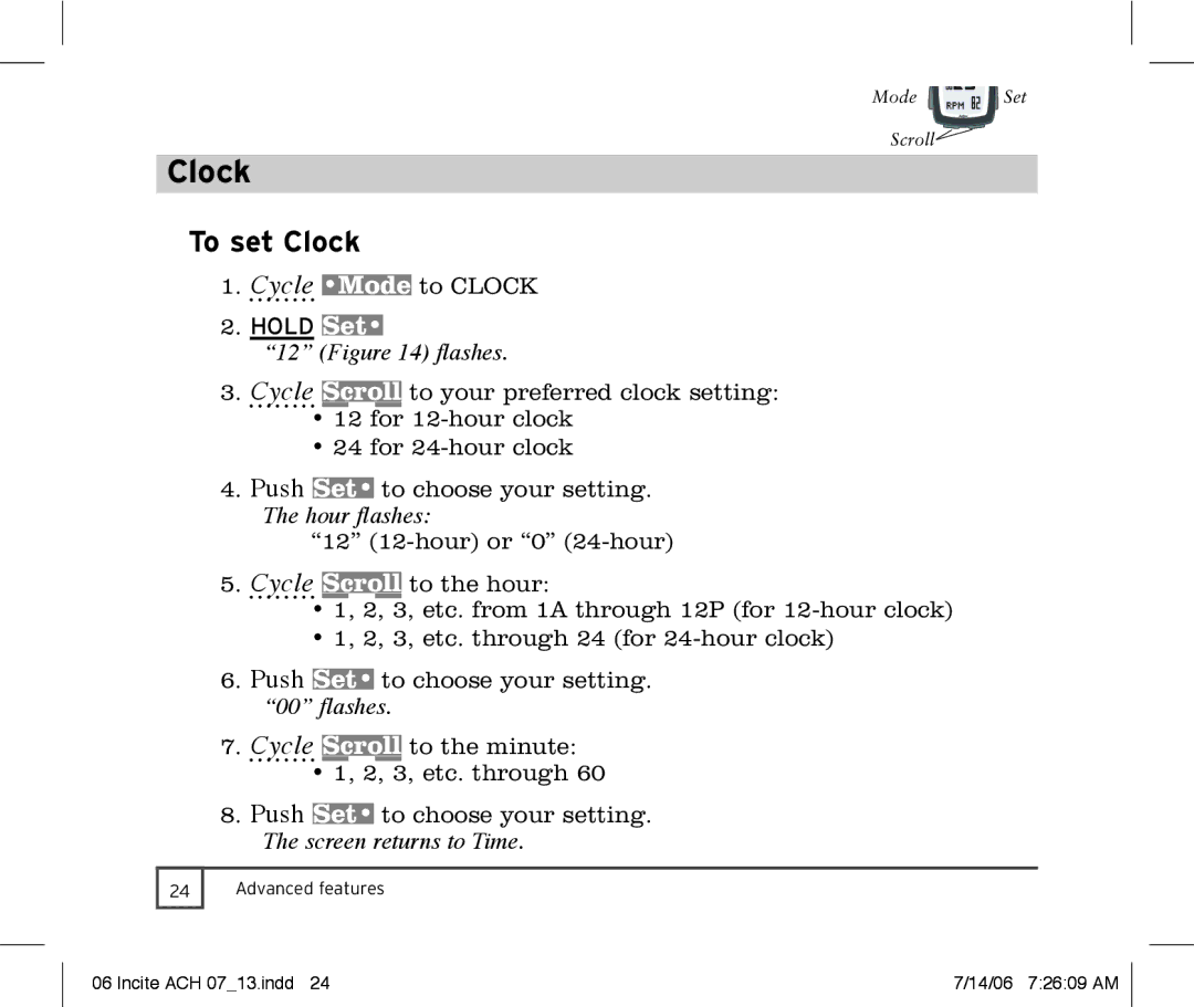 Trek Bicycle Computer manual To set Clock, Screen returns to Time 