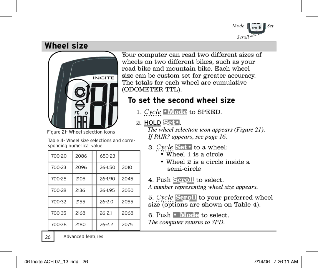 Trek Bicycle Computer Wheel size, If PAIR? appears, see, Number representing wheel size appears, Computer returns to SPD 