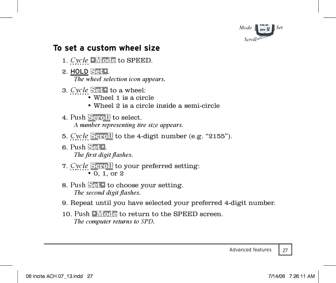 Trek Bicycle Computer To set a custom wheel size, Wheel selection icon appears, Number representing tire size appears 