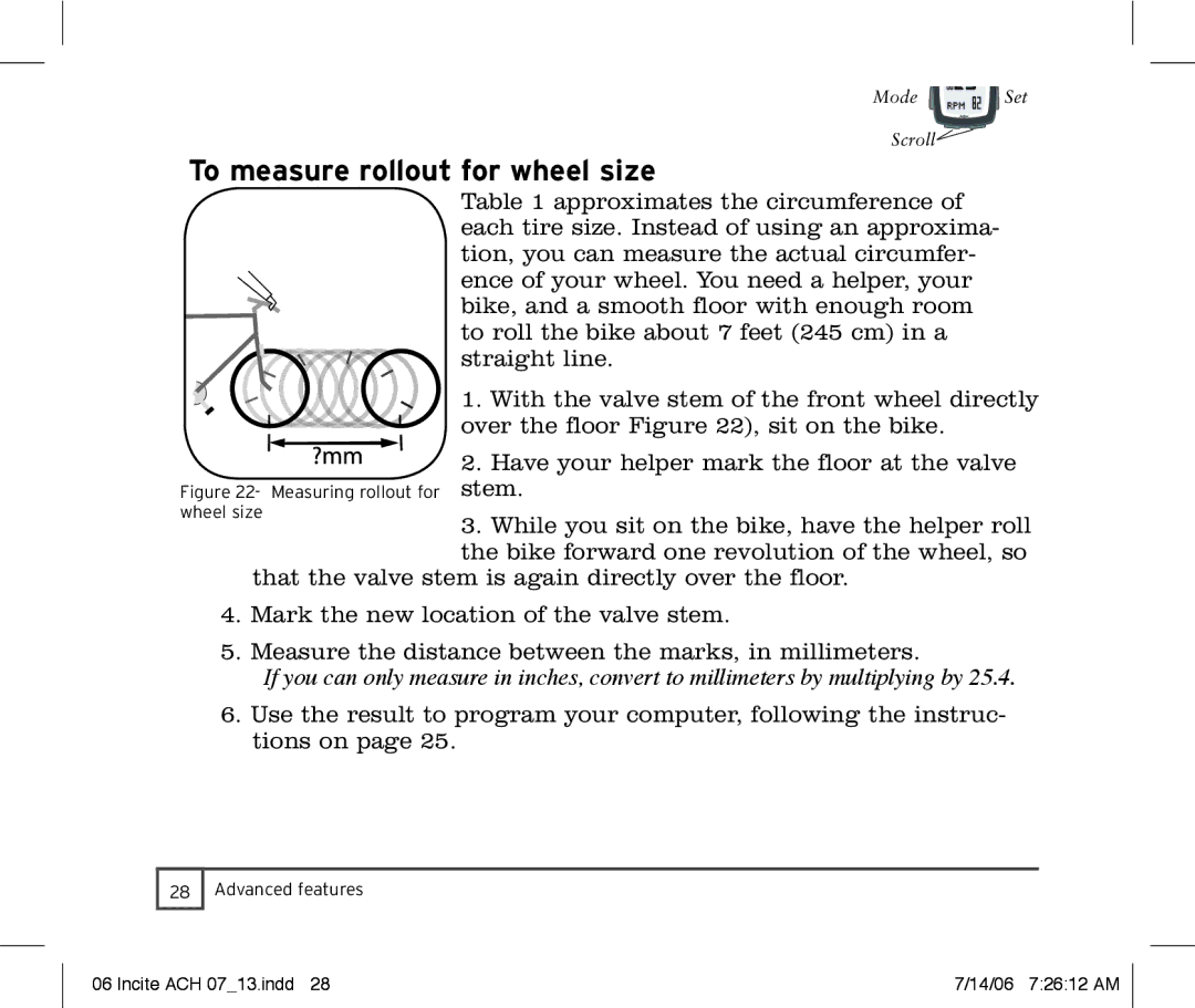 Trek Bicycle Computer manual To measure rollout for wheel size 