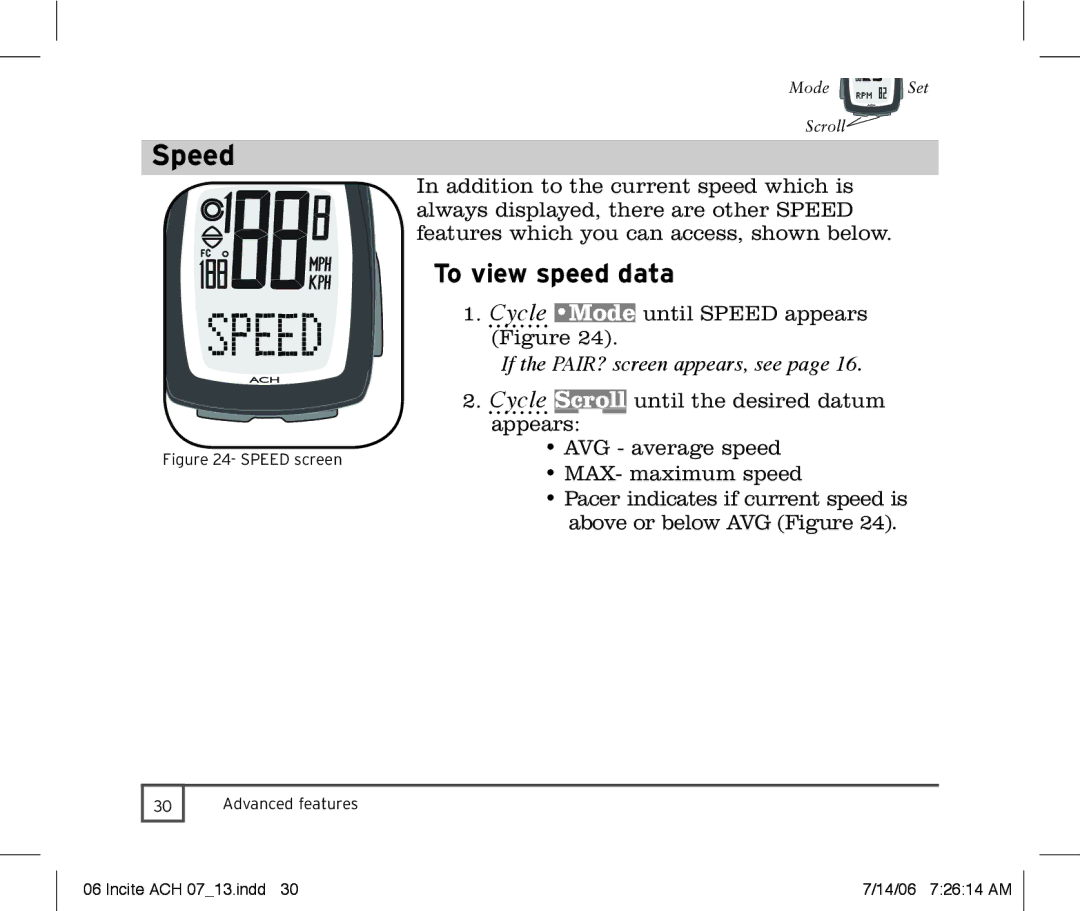 Trek Bicycle Computer manual Speed, To view speed data, If the PAIR? screen appears, see 