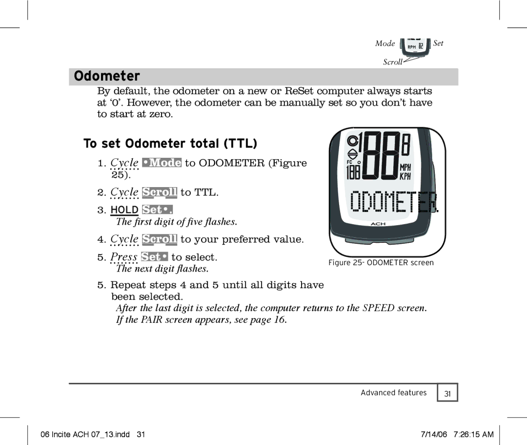 Trek Bicycle Computer manual To set Odometer total TTL, First digit of five flashes, Next digit flashes 