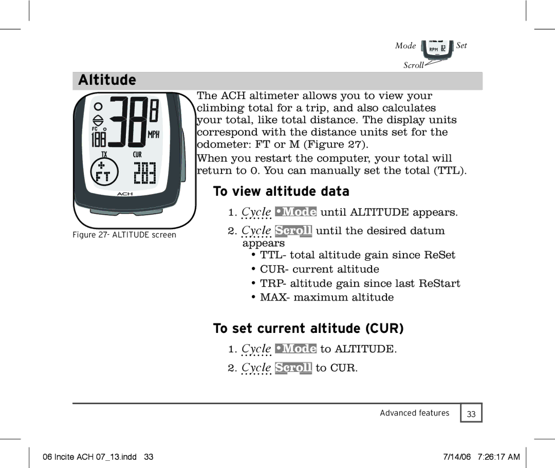 Trek Bicycle Computer manual Altitude, To view altitude data, To set current altitude CUR 