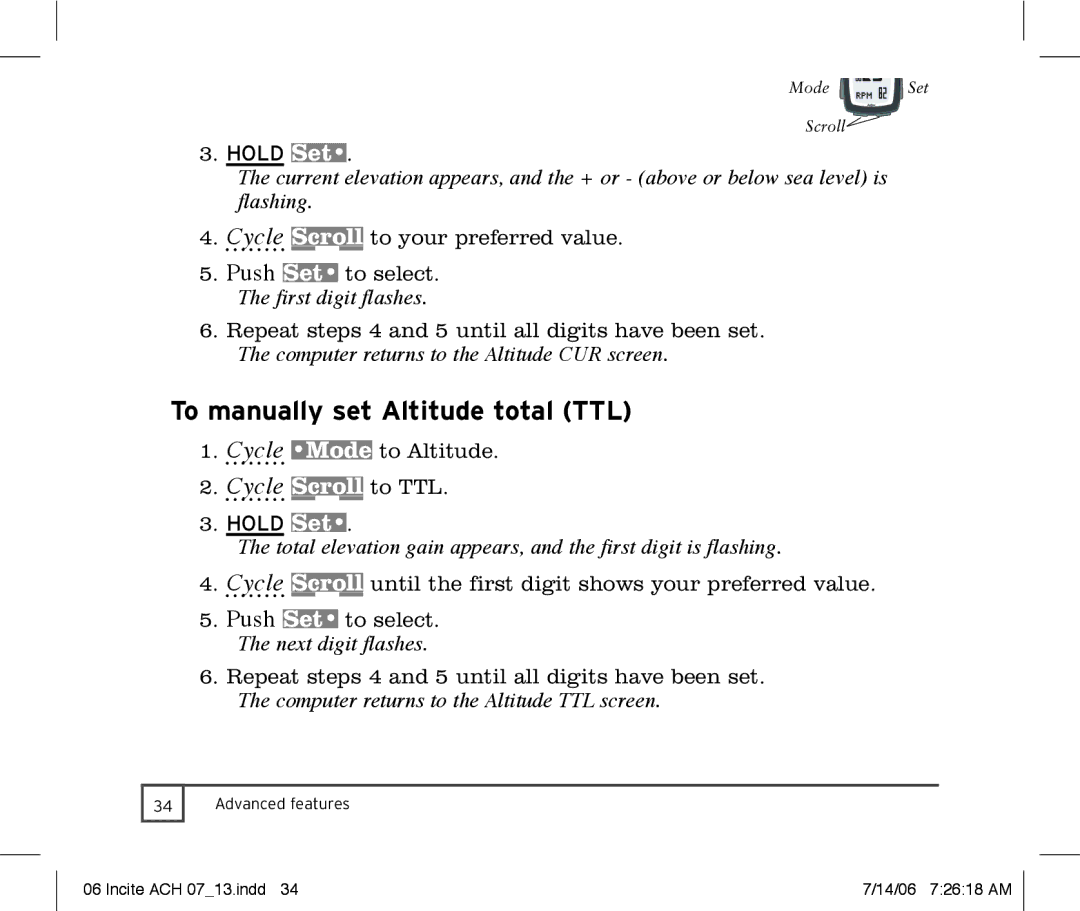 Trek Bicycle Computer To manually set Altitude total TTL, Computer returns to the Altitude CUR screen 