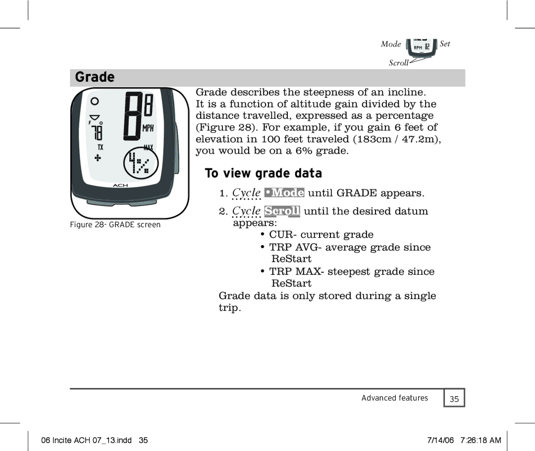 Trek Bicycle Computer manual Grade, To view grade data 