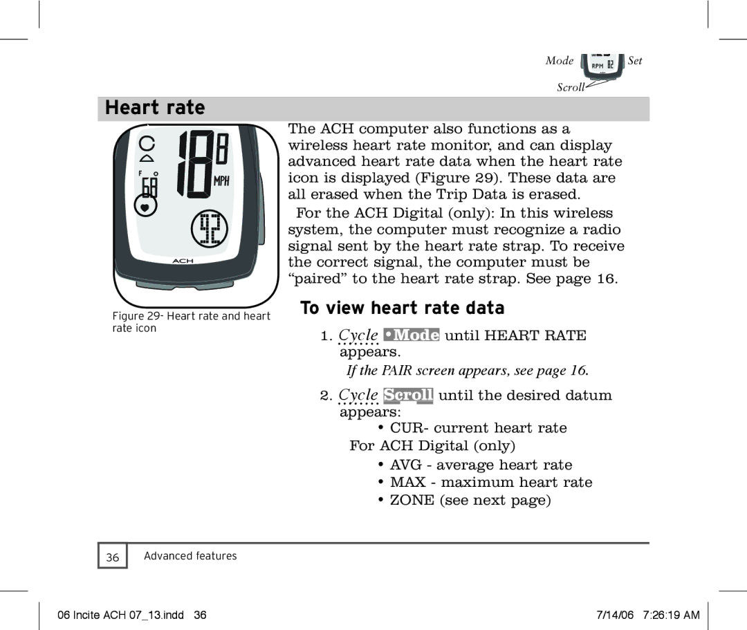 Trek Bicycle Computer manual Heart rate, To view heart rate data 