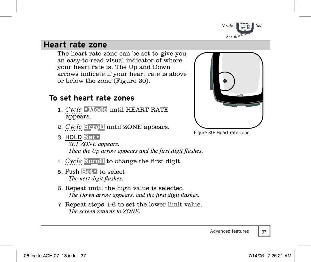 Trek Bicycle Computer manual Heart rate zone, To set heart rate zones, Down arrow appears, and the first digit flashes 