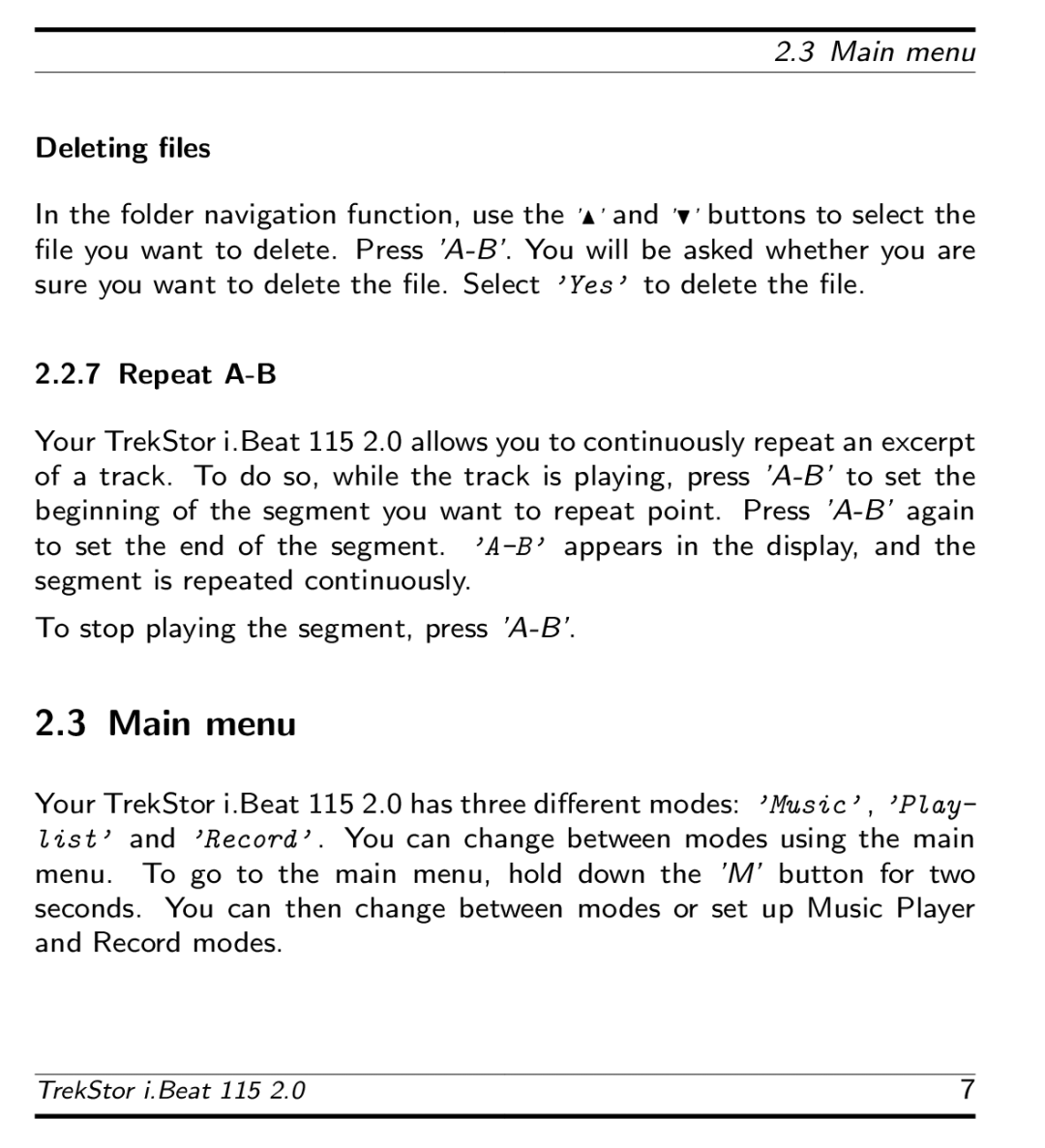 TrekStor 115 manual Main menu Deleting ﬁles 