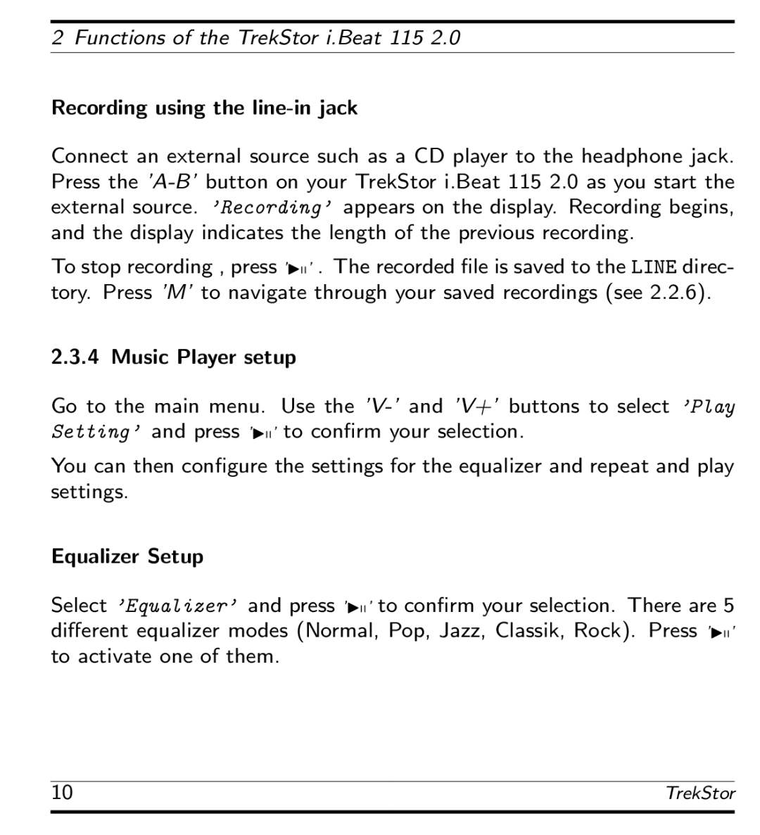 TrekStor 115 manual Music Player setup 