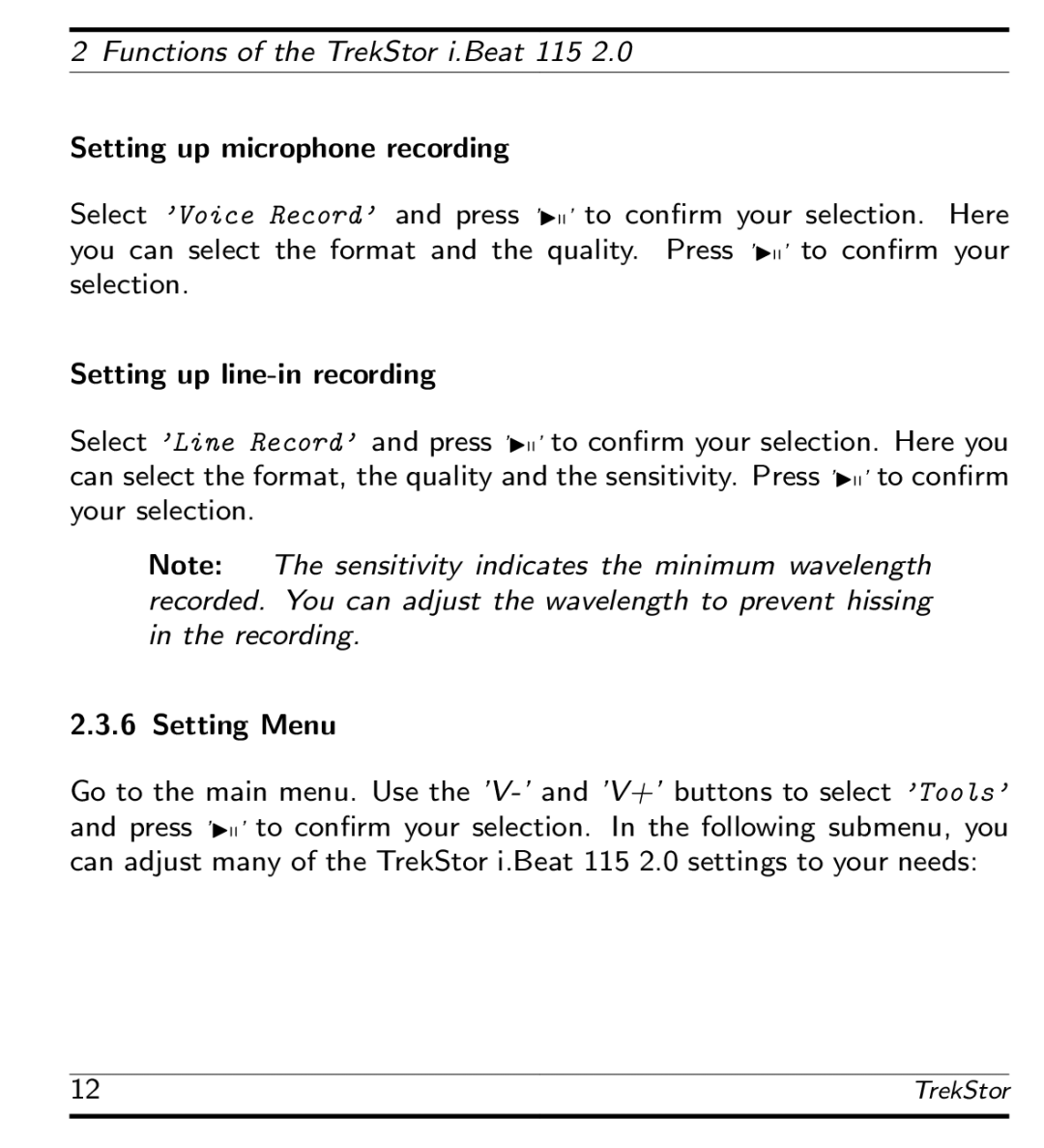 TrekStor 115 manual Setting Menu 