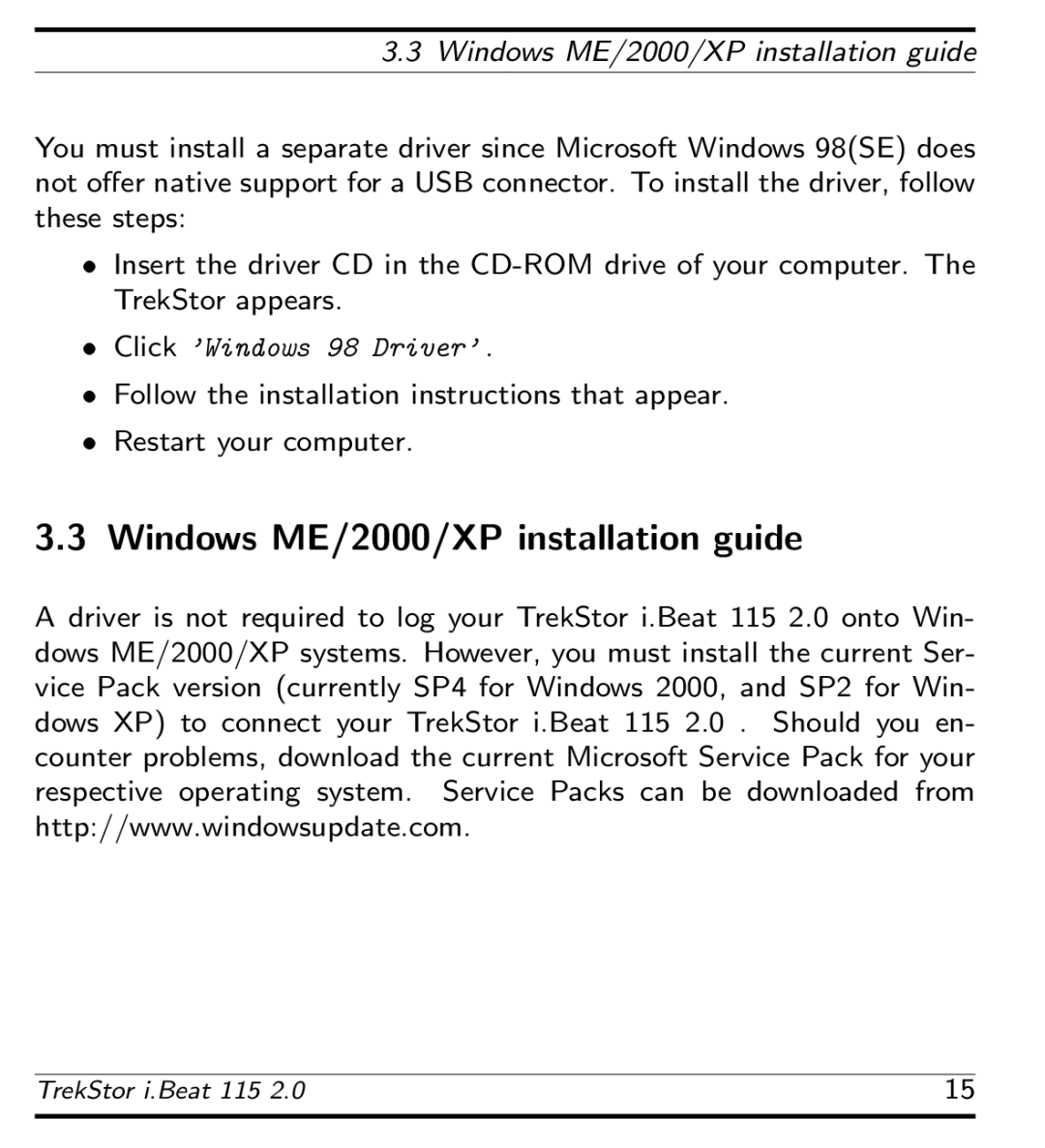 TrekStor 115 manual Windows ME/2000/XP installation guide 