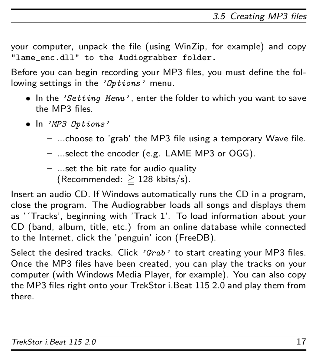 TrekStor 115 manual Set the bit rate for audio quality Recommended =128 kbits/s 