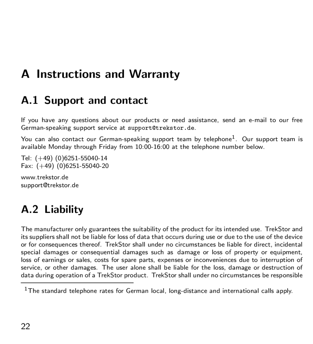 TrekStor 115 manual Instructions and Warranty, Support and contact, Liability 