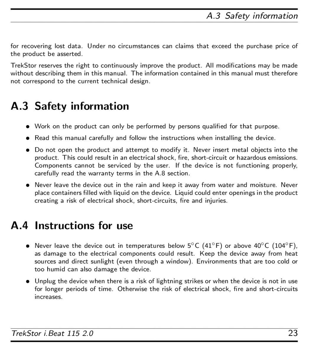 TrekStor 115 manual Safety information 