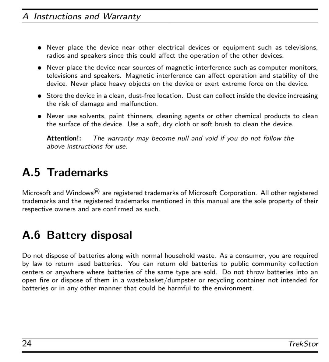 TrekStor 115 manual Tradema ks, Battery disposal 